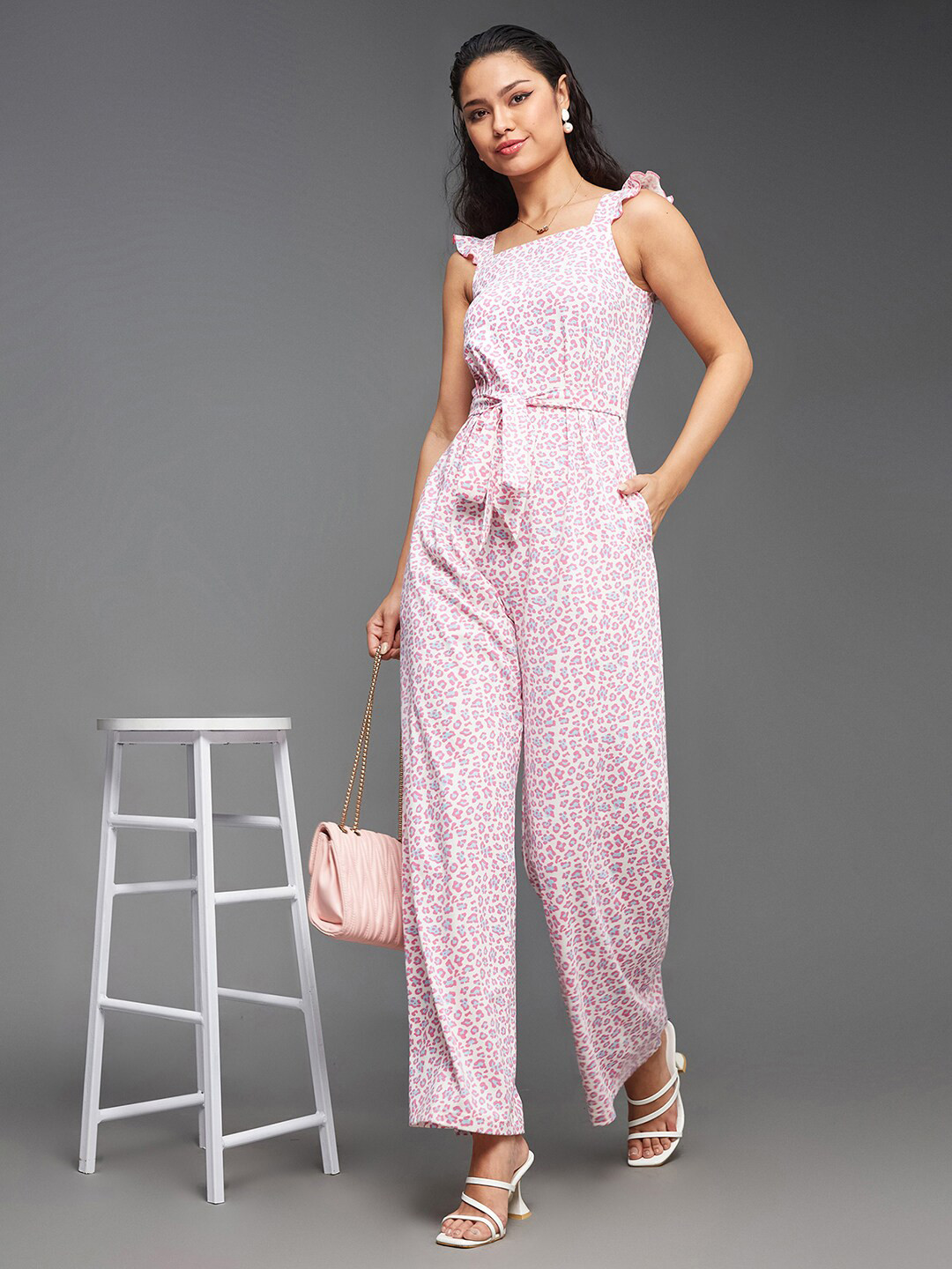 DressBerry Peach Color Animal Printed Tie Up Basic Jumpsuit