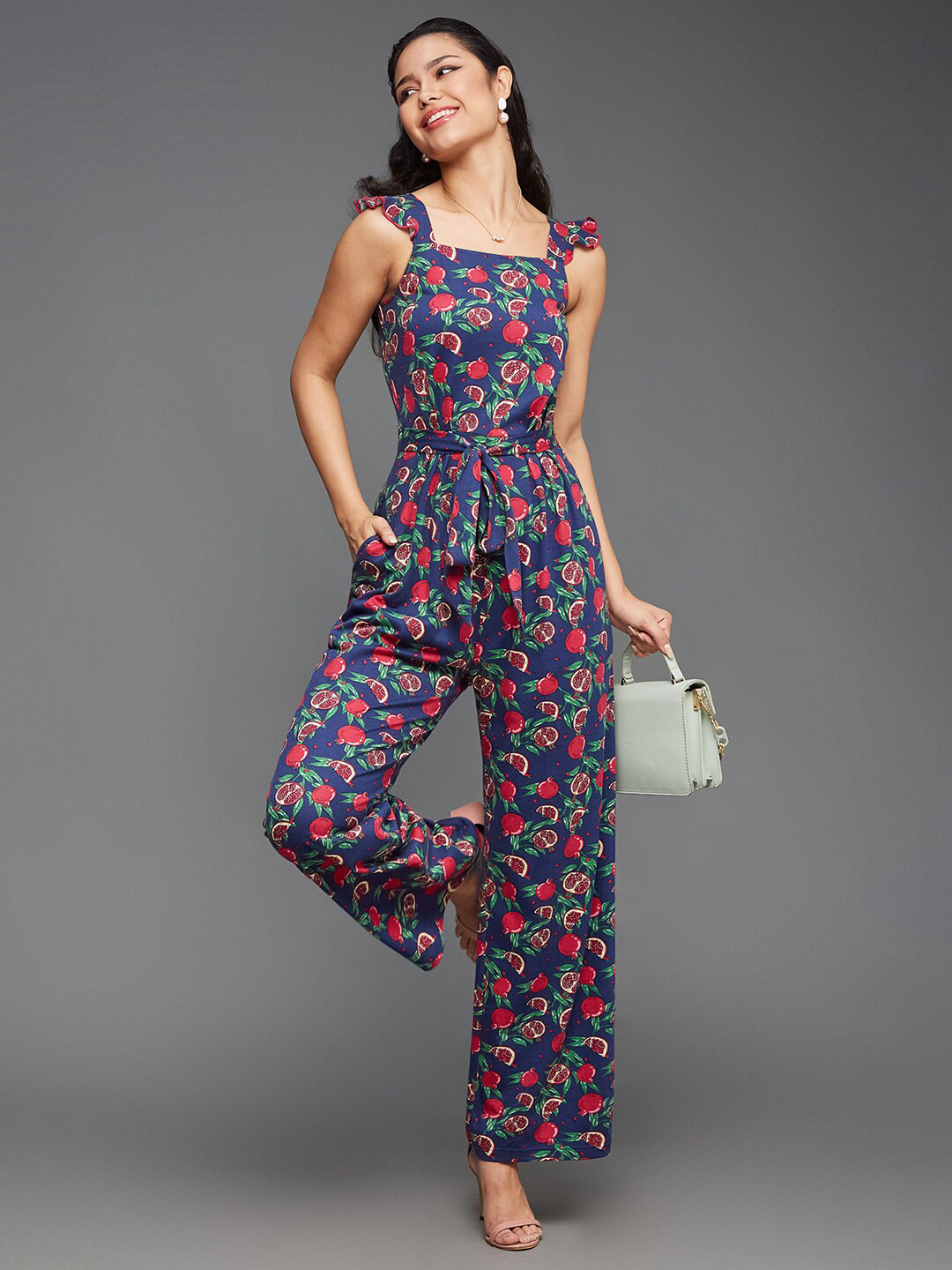 DressBerry Navy Blue Graphic Printed Flutter Sleeves Tie Up Basic Jumpsuit