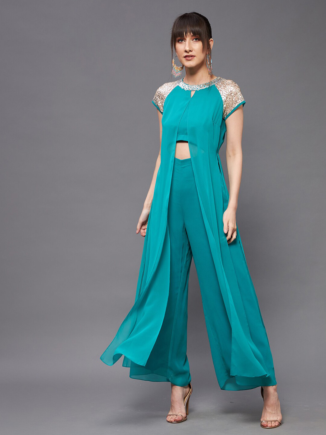 DressBerry Teal Blue Embellished Layered Basic Jumpsuit