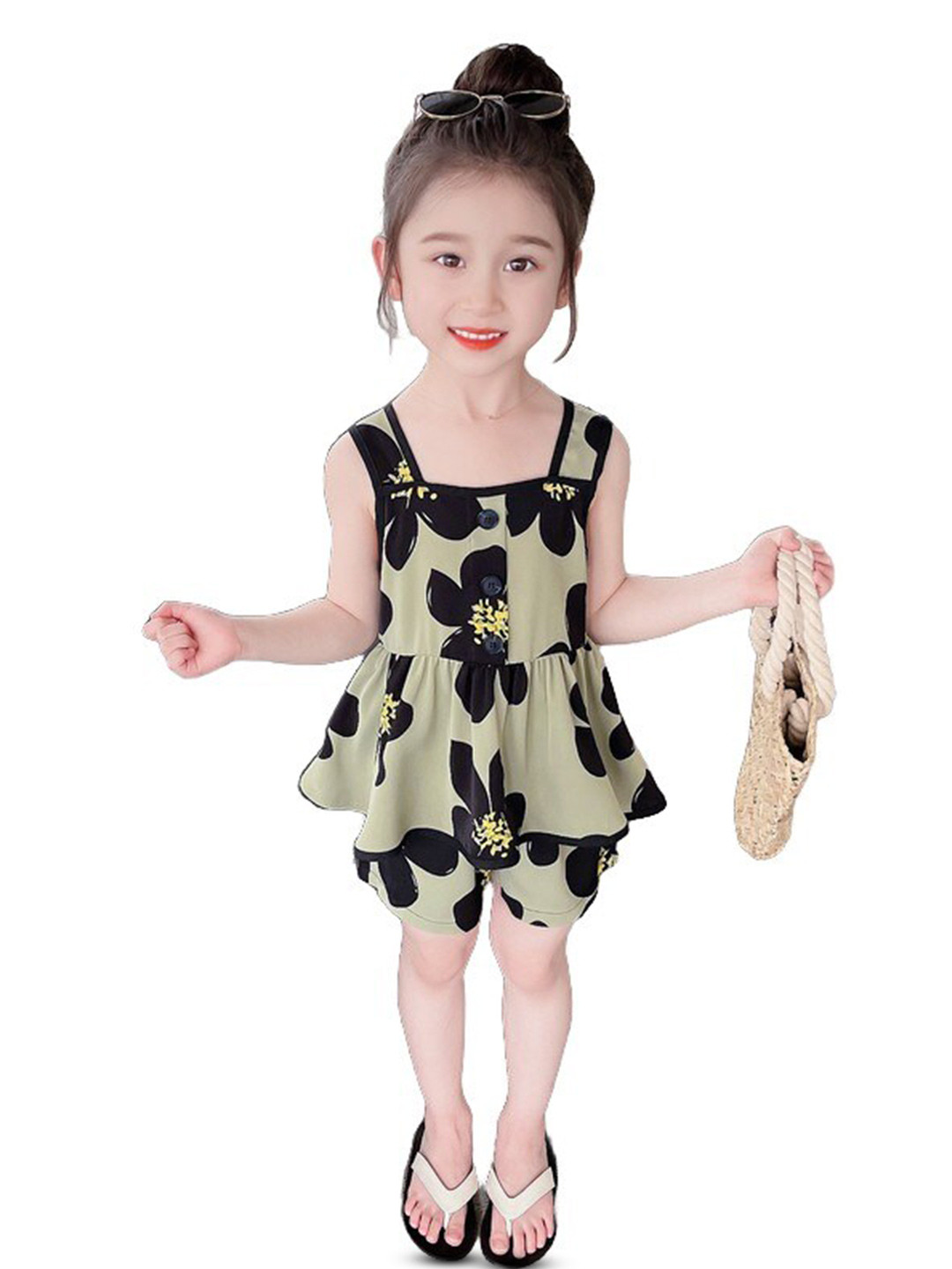 StyleCast x Revolte Girls Khaki Colour & Black Floral Printed Top with Shorts