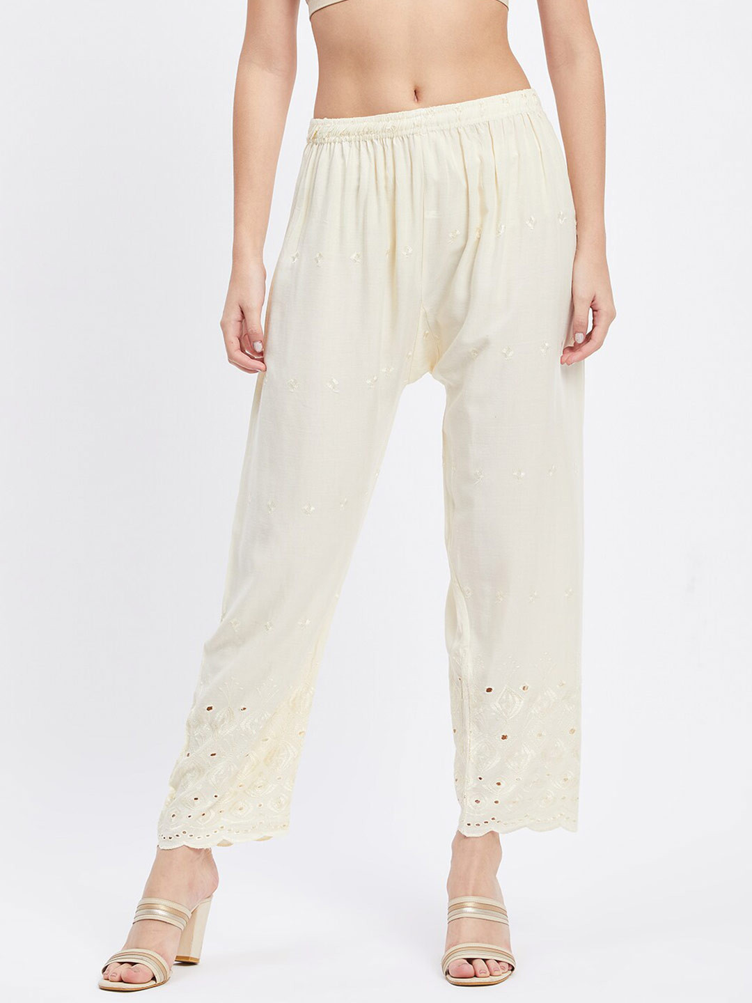 Clora Creation Women Cream Cut-Work Straight Palazzos