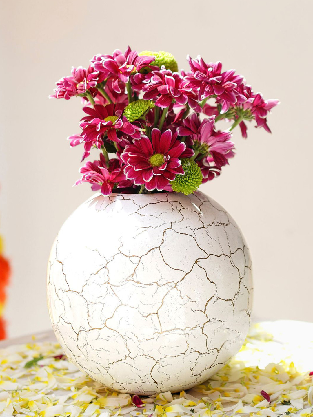 BEHOMA Crackled White Ball Shape Large Metal Flower Vase