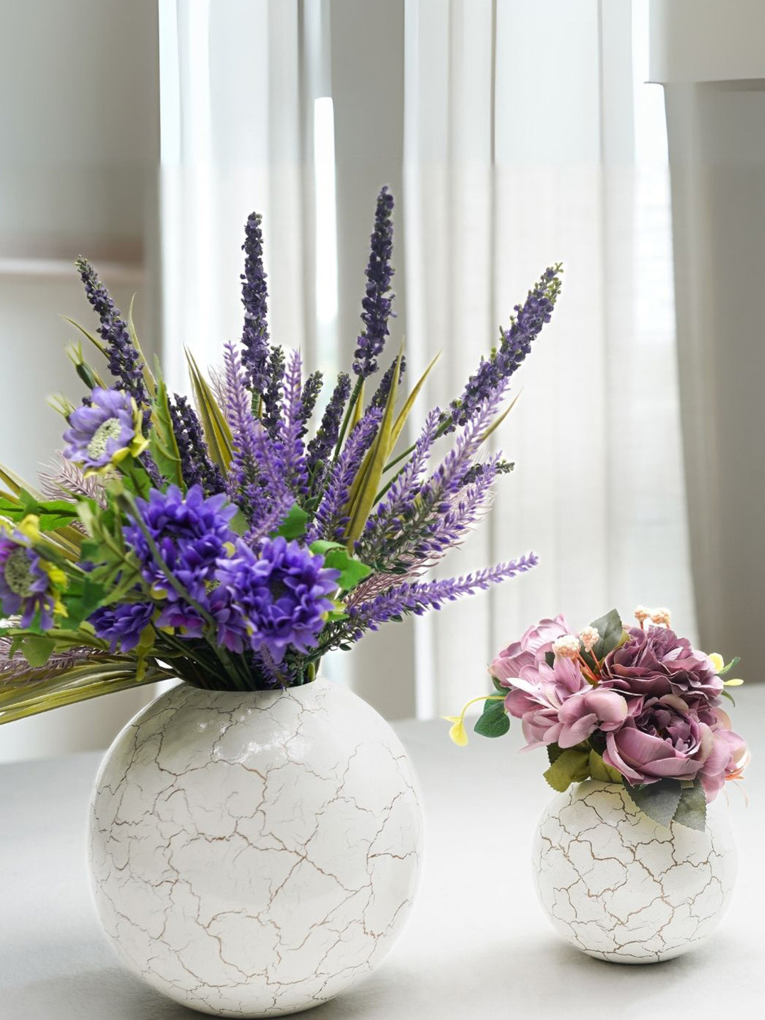 BEHOMA Crackled White Ball Shape Set of 2 Metal Flower Vase