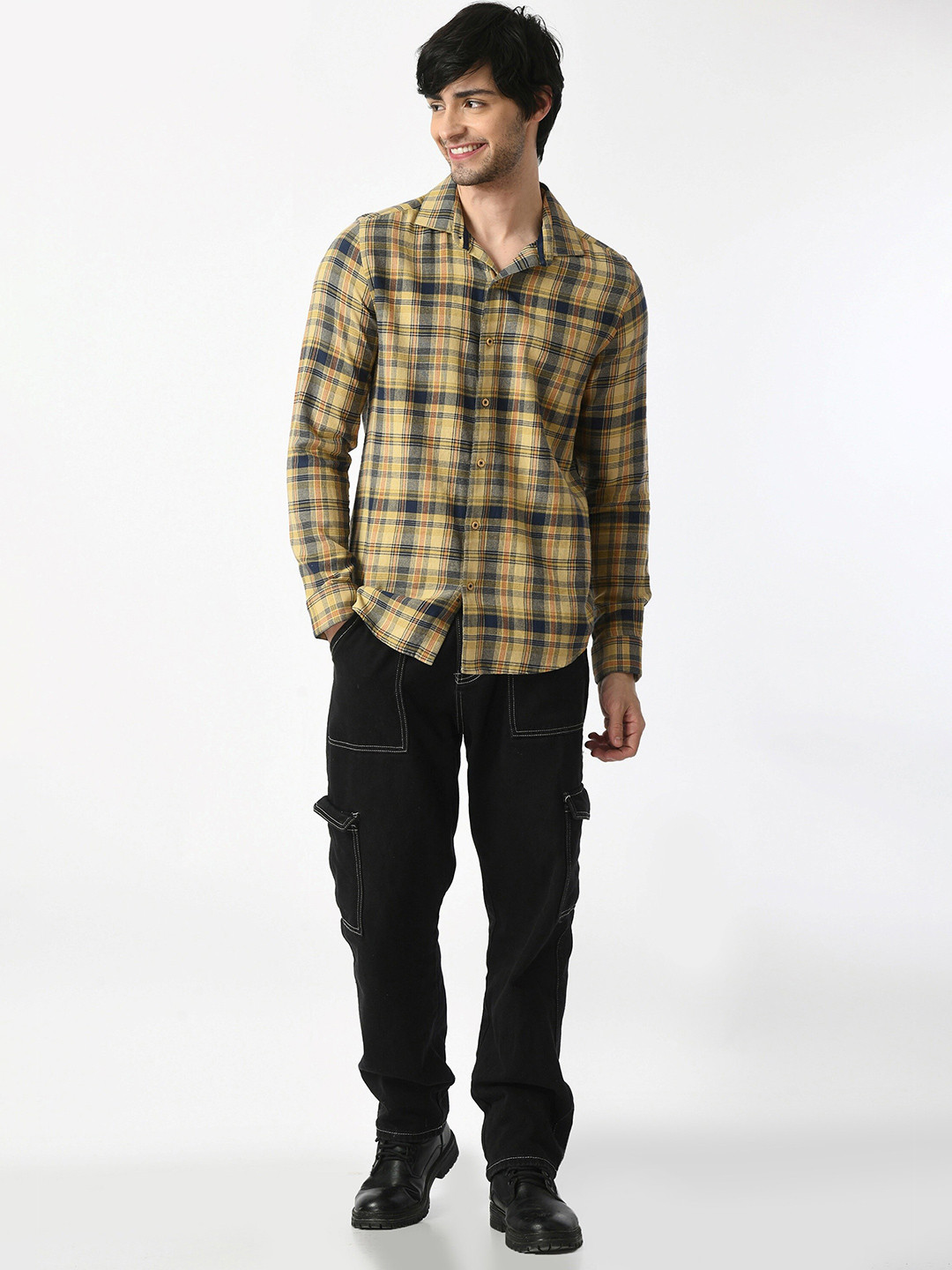 KISSOSS Men Relaxed Slim Fit Tartan Checks Opaque Checked Party Shirt