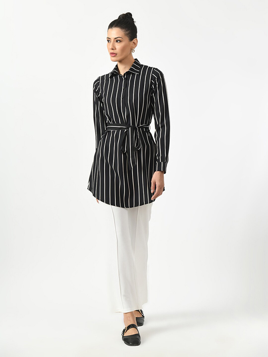 OFFICE & YOU Striped Shirt Collar Long Sleeves Cotton Tunic