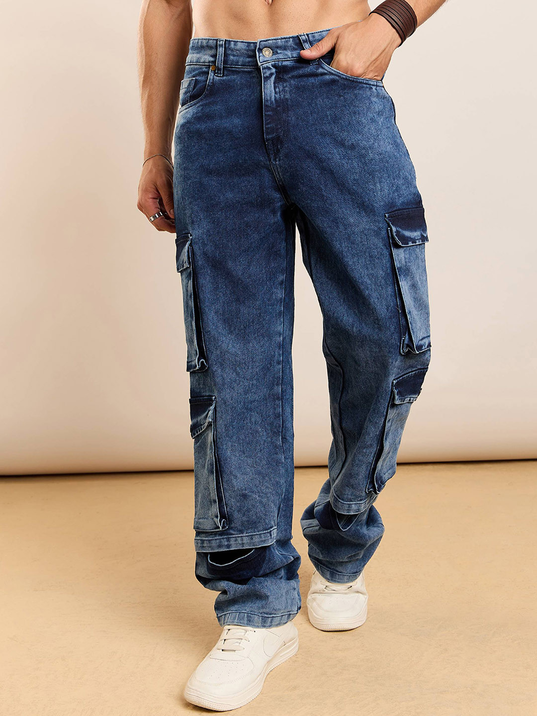MASCLN SASSAFRAS Blue Men Loose Relaxed Fit Acid Wash Utility Pocket Cargo Jeans