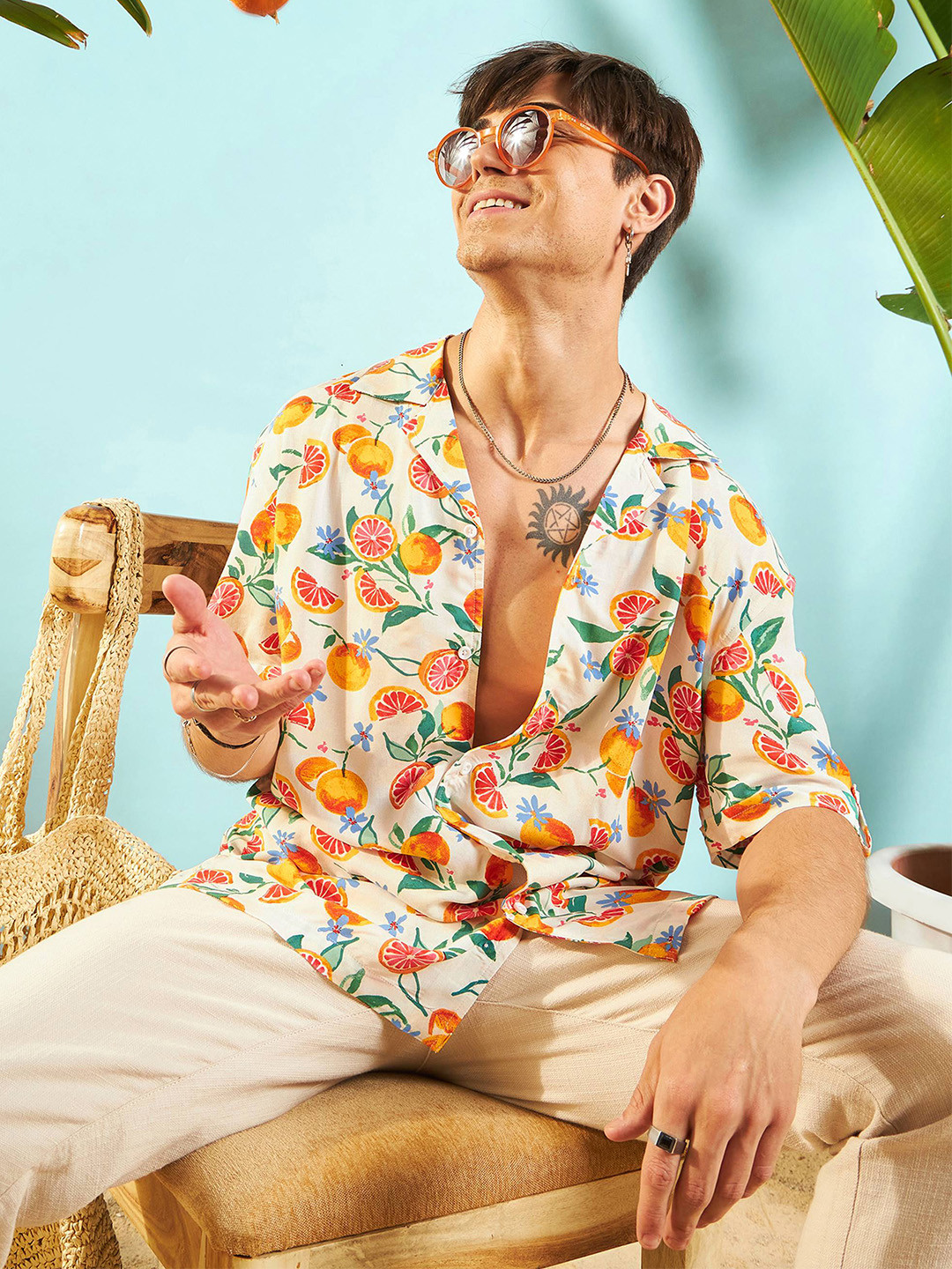 MASCLN SASSAFRAS Unisex Relaxed  Opaque Tropical Printed Casual Shirt