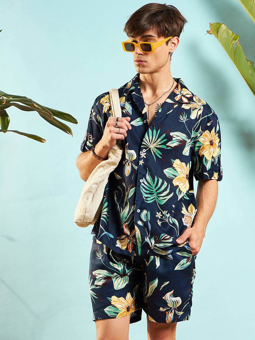 MASCLN SASSAFRAS Tropical Printed Shirt With Shorts