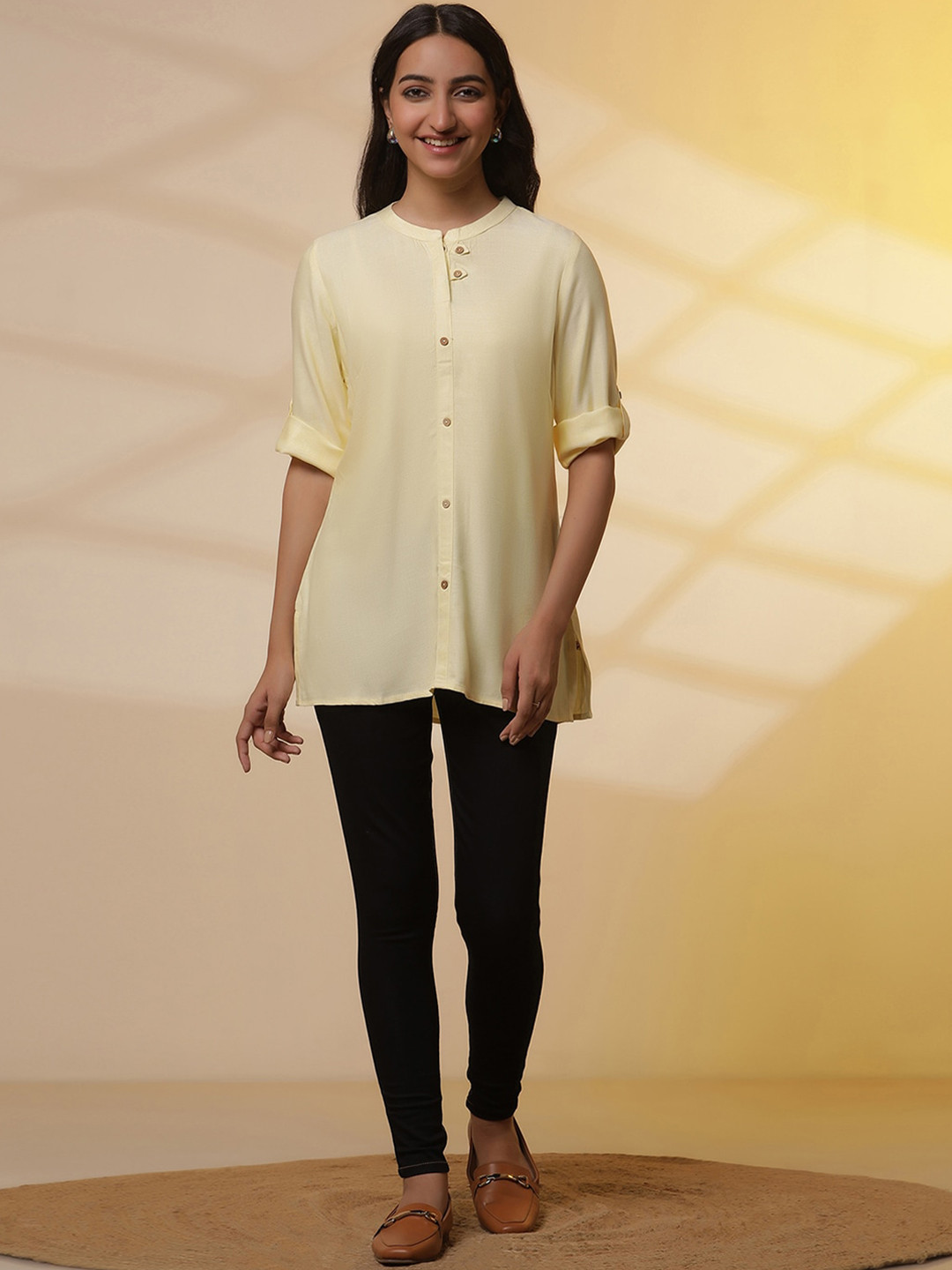 AURELIA Band Collar Three-Quarter Roll-Up Sleeves Straight Kurti With Leggings