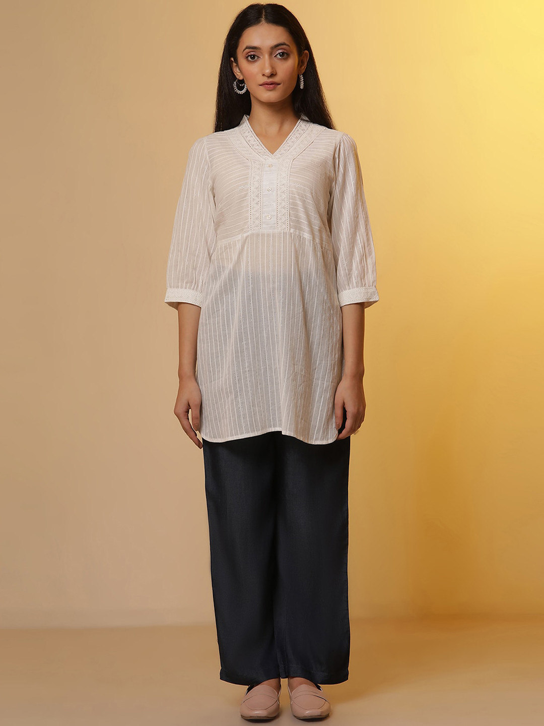 AURELIA Striped V-Neck Pure Three-Quarter Sleeves Cotton Straight Kurta with Trousers