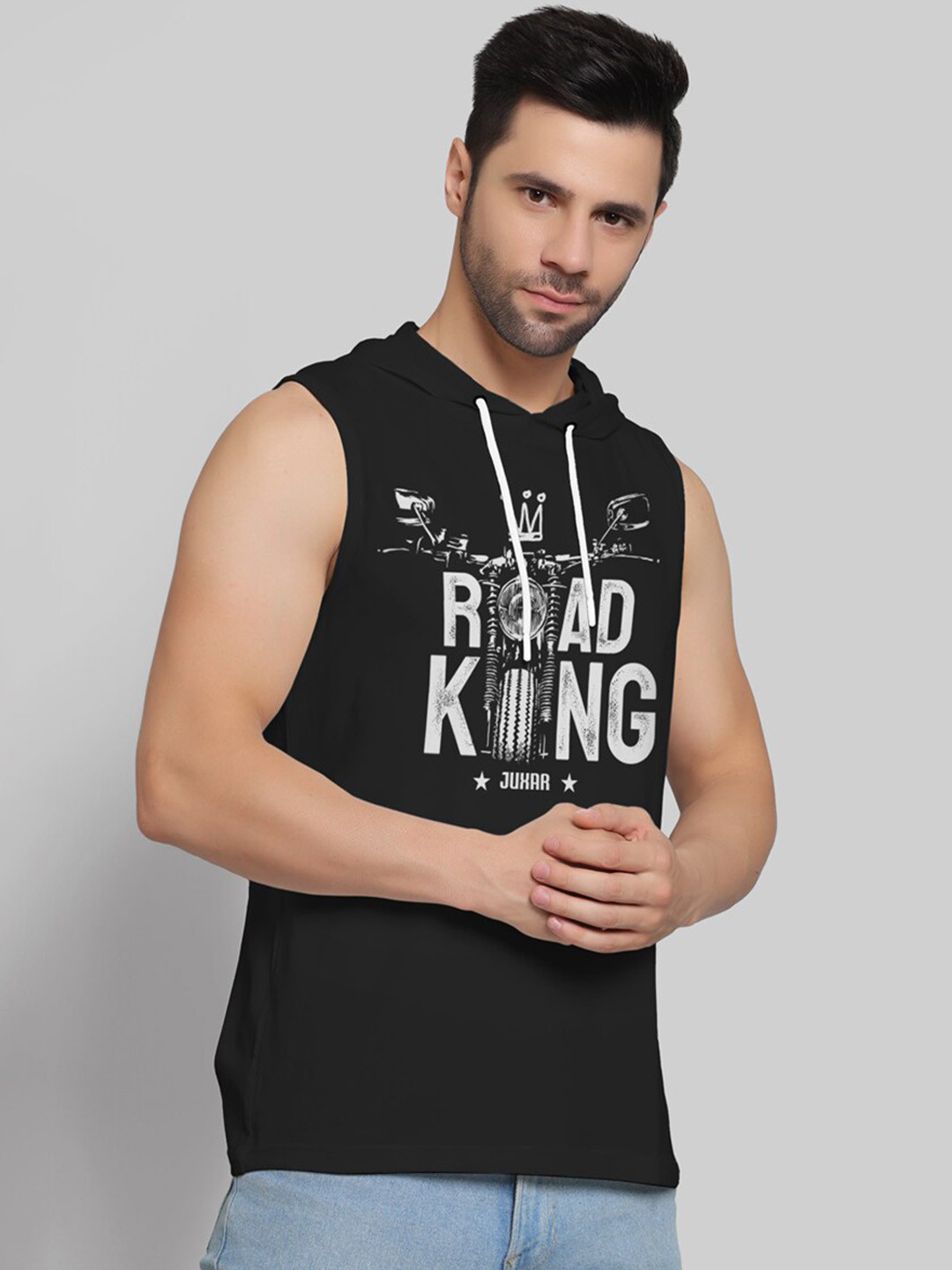 Juxar Printed Cotton Hooded & Sleeveless Sando Vest HODSDO-06-BK-XS