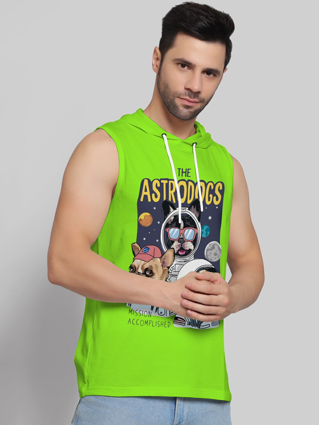 Juxar Printed Cotton Hooded & Sleeveless Sando Vest HODSDO-030-GRN-XS