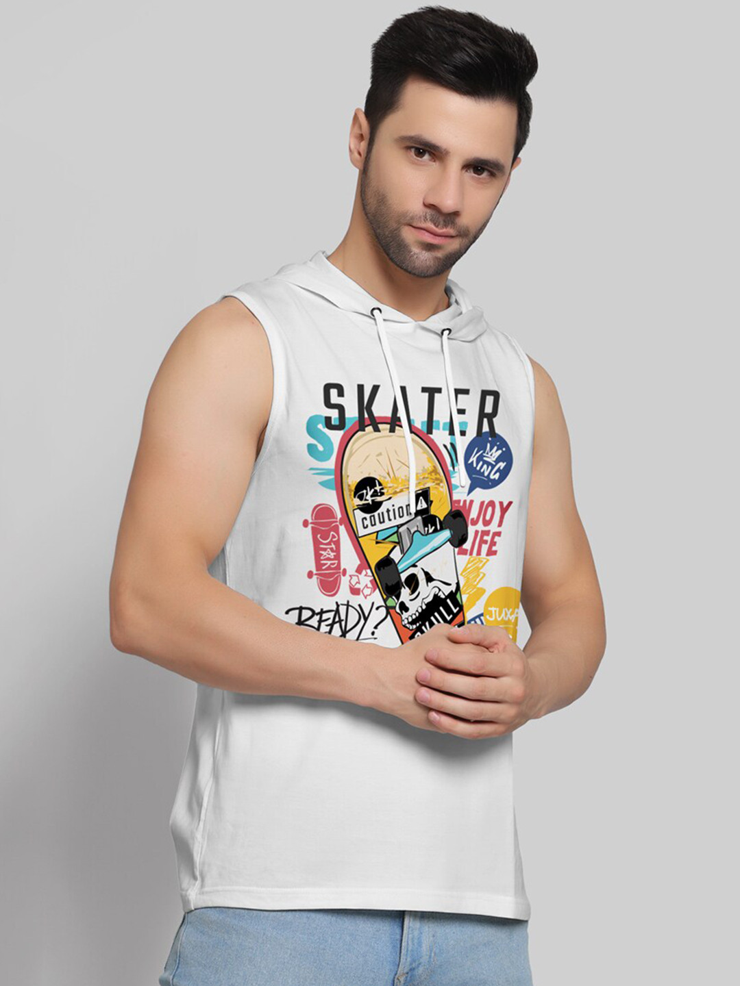 Juxar Skater Printed Cotton Hooded Gym Vests HODSDO-04-WHT-XS