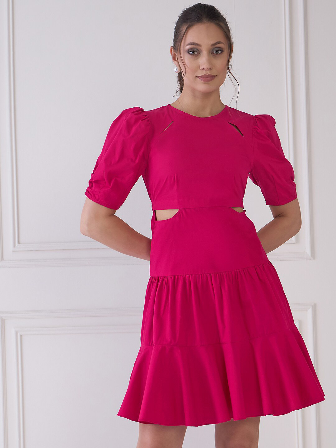 Antheaa Puff Sleeve Cut-Outs Cotton Fit & Flare Dress