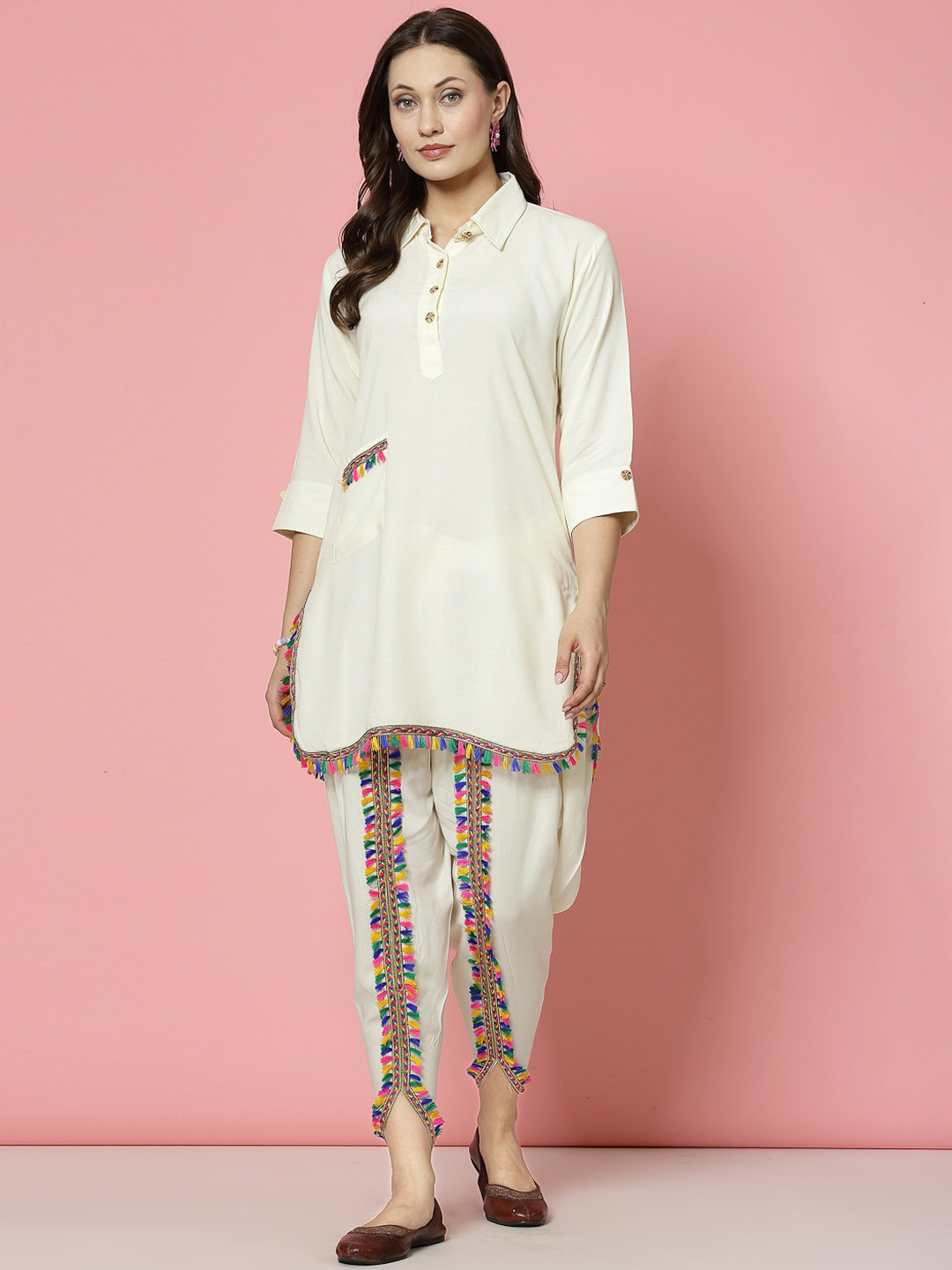 Clora Creation Regular Gotta Patti Shirt Collar Straight Kurti With Dhoti Pants