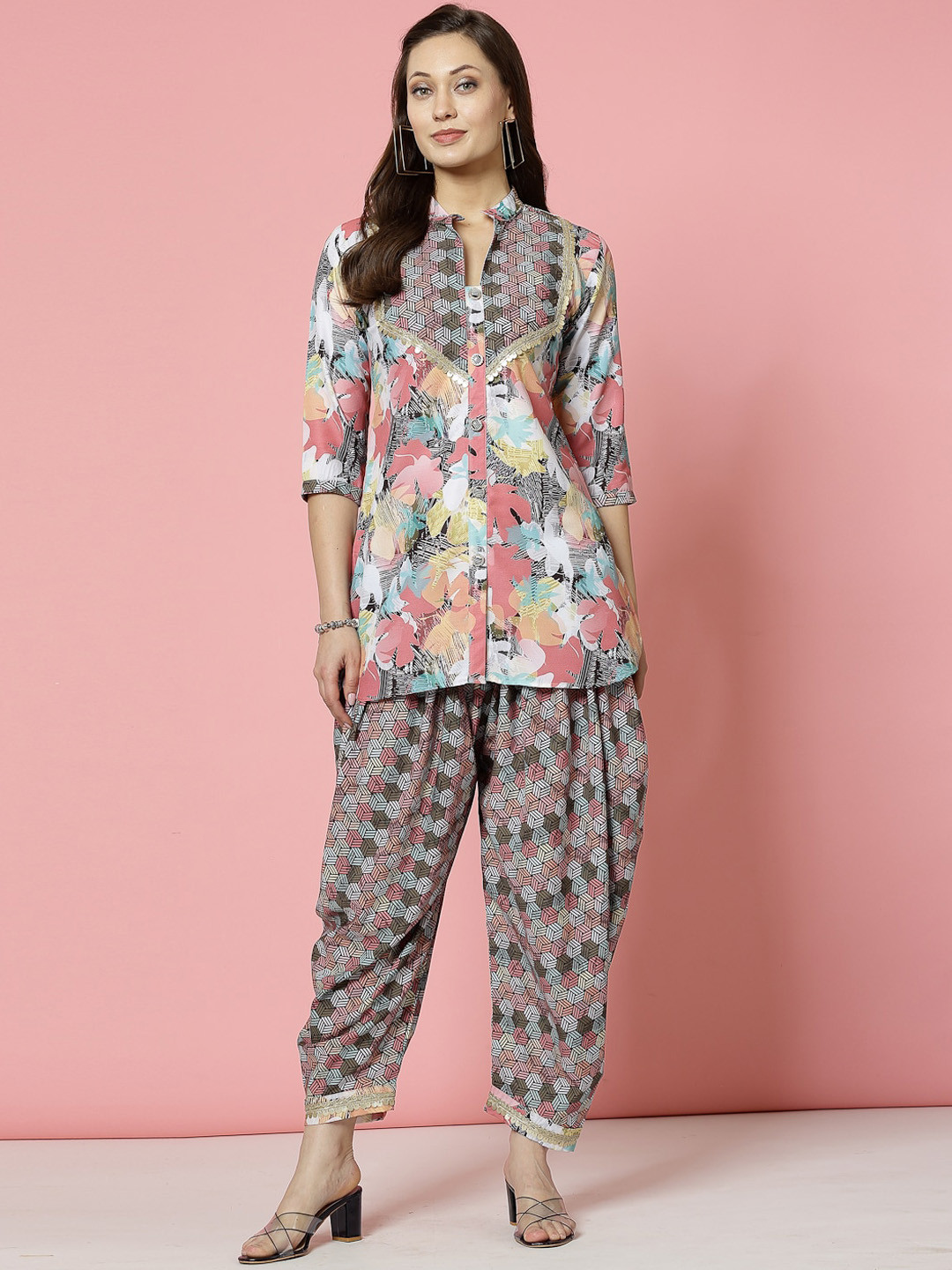 Clora Creation Floral Printed Mandarin Collar Three-Quarter Sleeves Kurti with Dhoti Pants