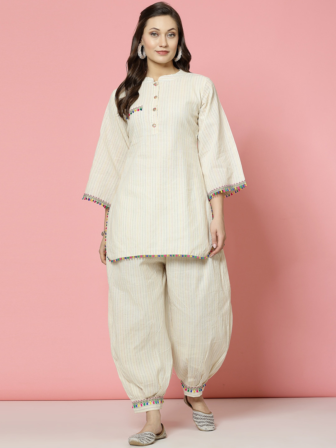 Clora Creation Women Embroidered Regular Kantha Work Pure Cotton Kurti with Afghani Salwar