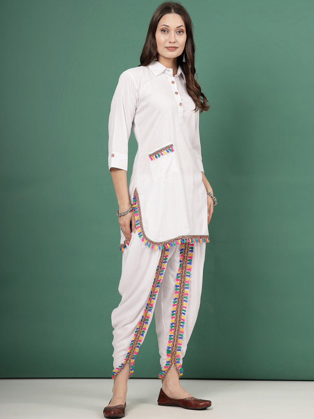 Clora Creation Regular Gotta Patti Shirt Collar Straight Kurti With Dhoti Pants