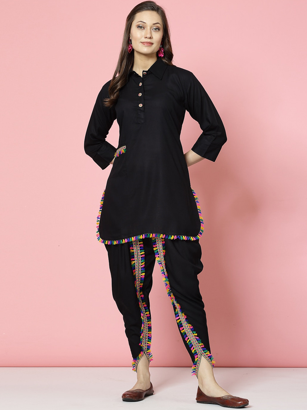 Clora Creation Regular Gotta Patti Shirt Collar Straight Kurti With Dhoti Pants
