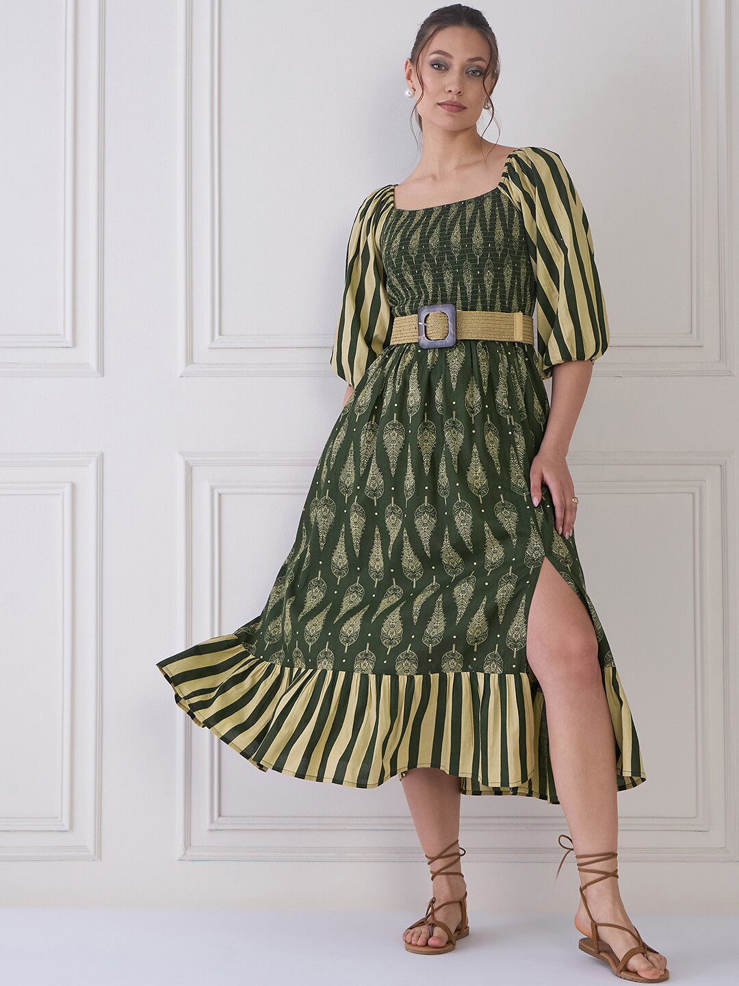 MEDLEY BY ANTHEAA Ethnic Motifs Print Puff Sleeve A-Line Midi Dress