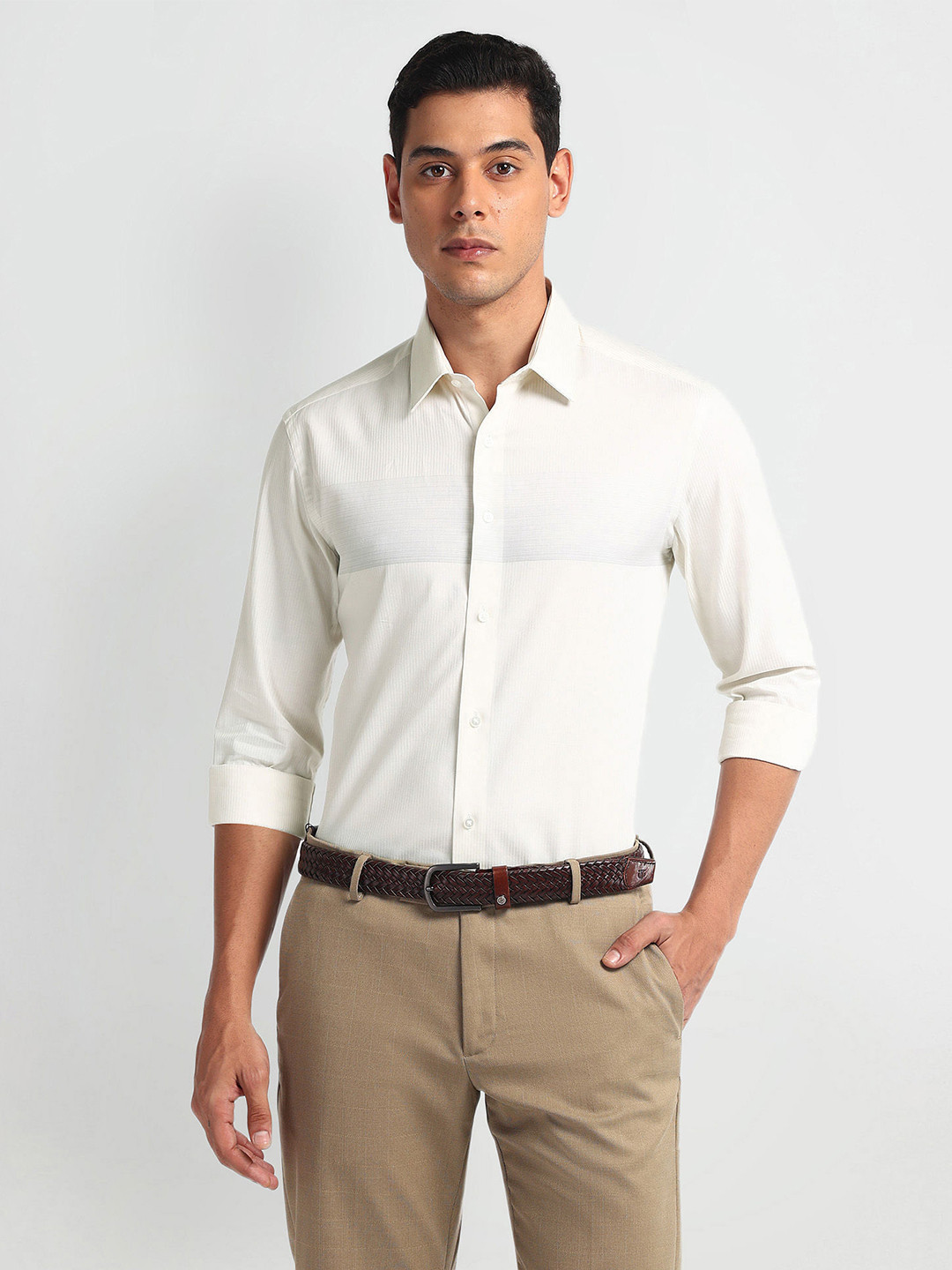 Arrow New York Men Slim Fit Opaque Formal Vertical Stripe Slim Fit Cotton Shirt