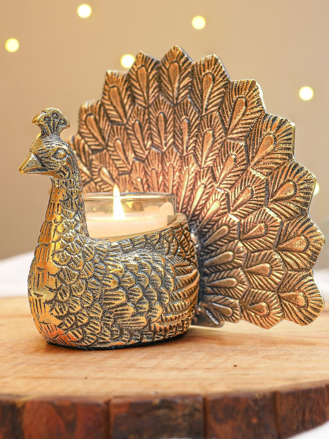 BEHOMA Accent Peacock with Votive Gold Aluminium Metallic Garden Small Showpiece - 5.7 Inches