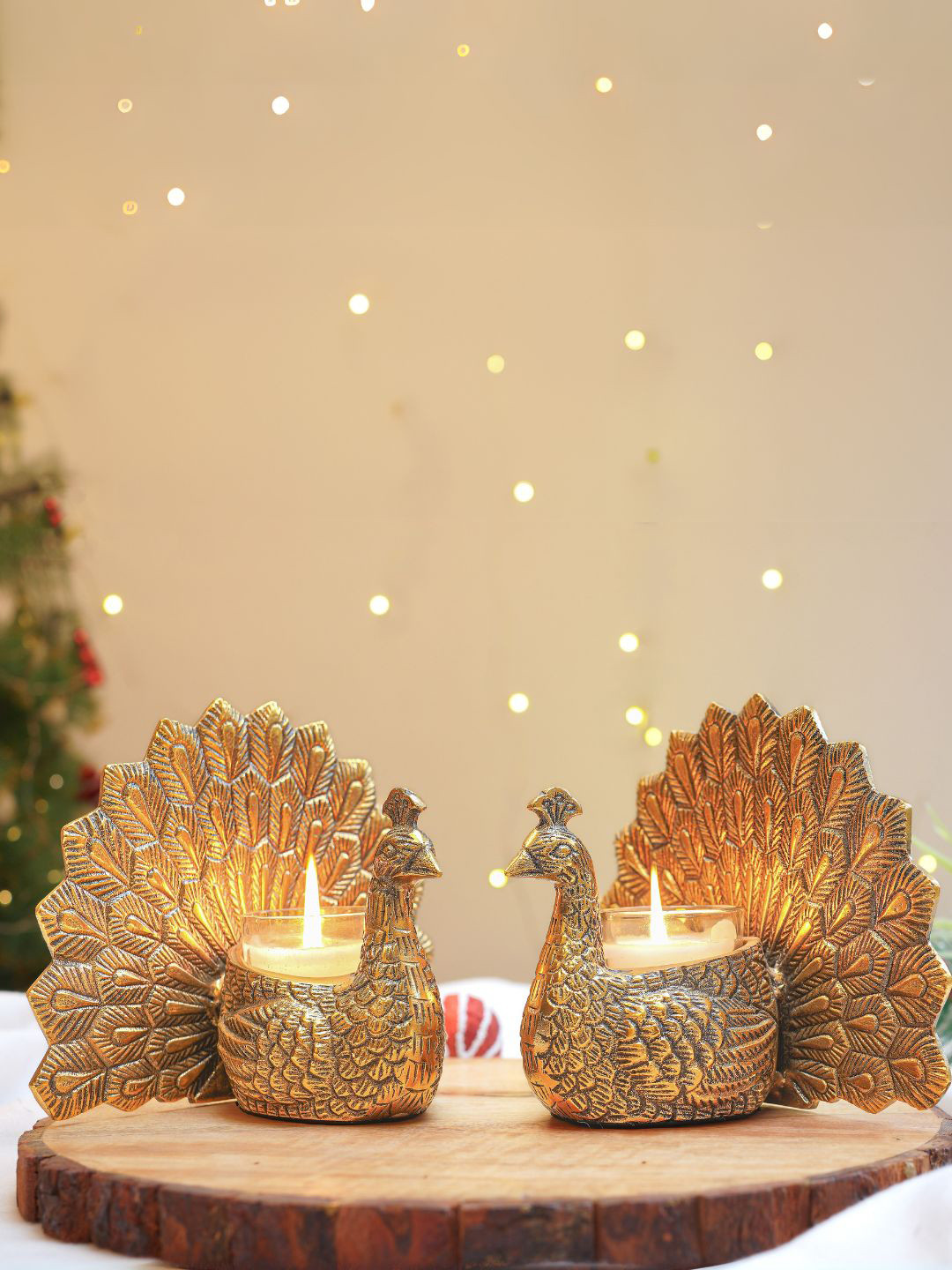 BEHOMA Candle Holder Accent Peacock With Votive Gold Metal Metallic Living Room Set of 2 Medium Showpieces - 5.7 Inches