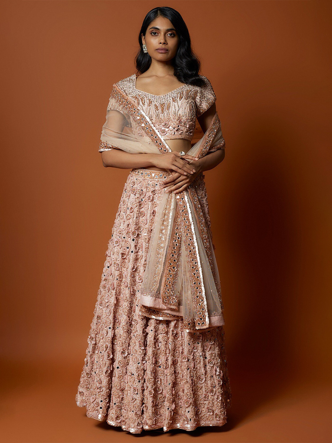 Mehak Murpana 3D Rose Embroidered Beads Stones Ready to Wear Lehenga & Blouse With Dupatta