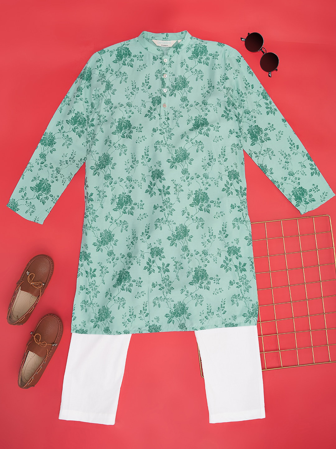 indus route by Pantaloons Boys Floral Printed Mandarin Collar Long Sleeves Kurta Se