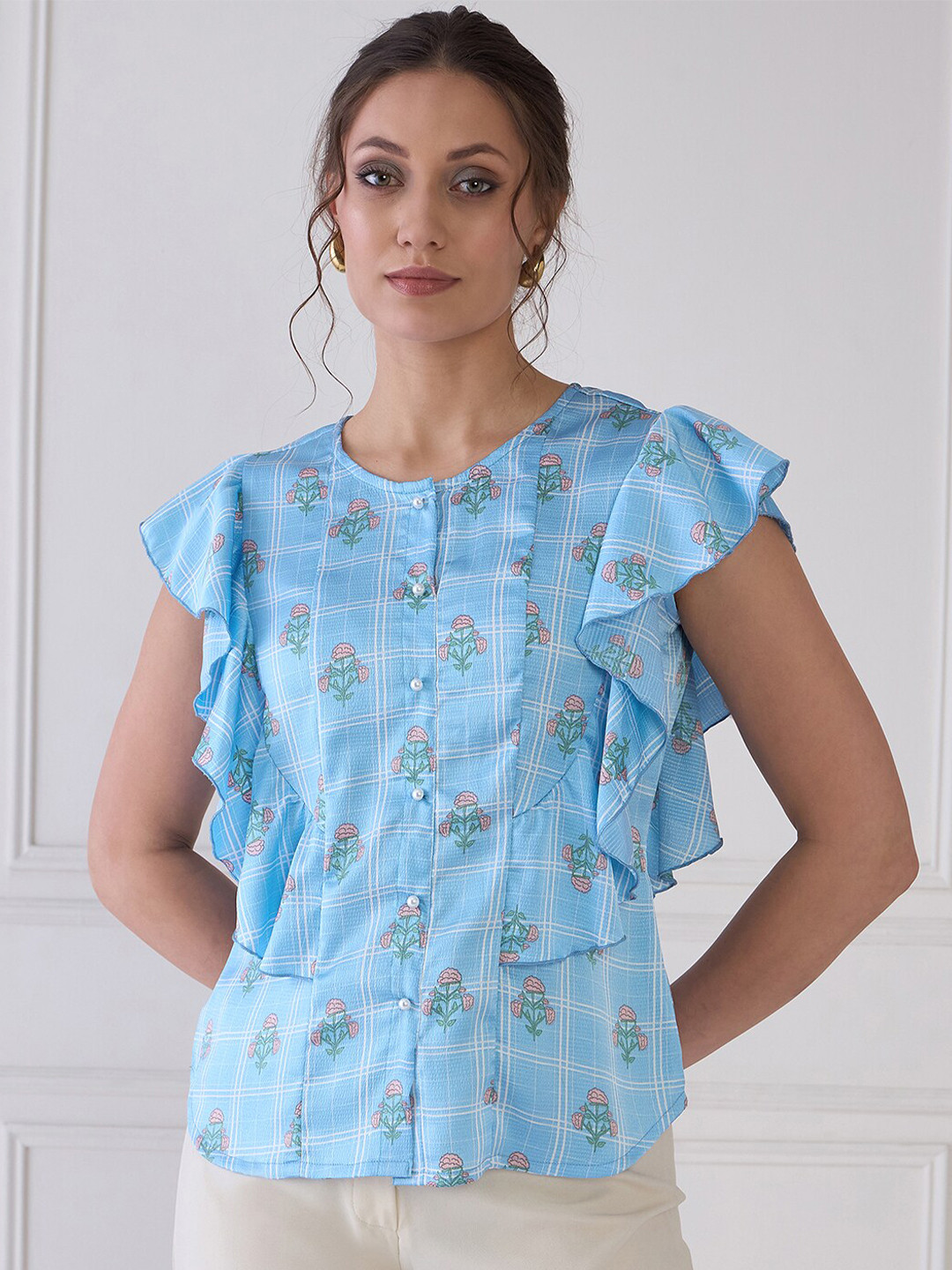 Antheaa Elit Floral Print Flutter Sleeve Layered Top