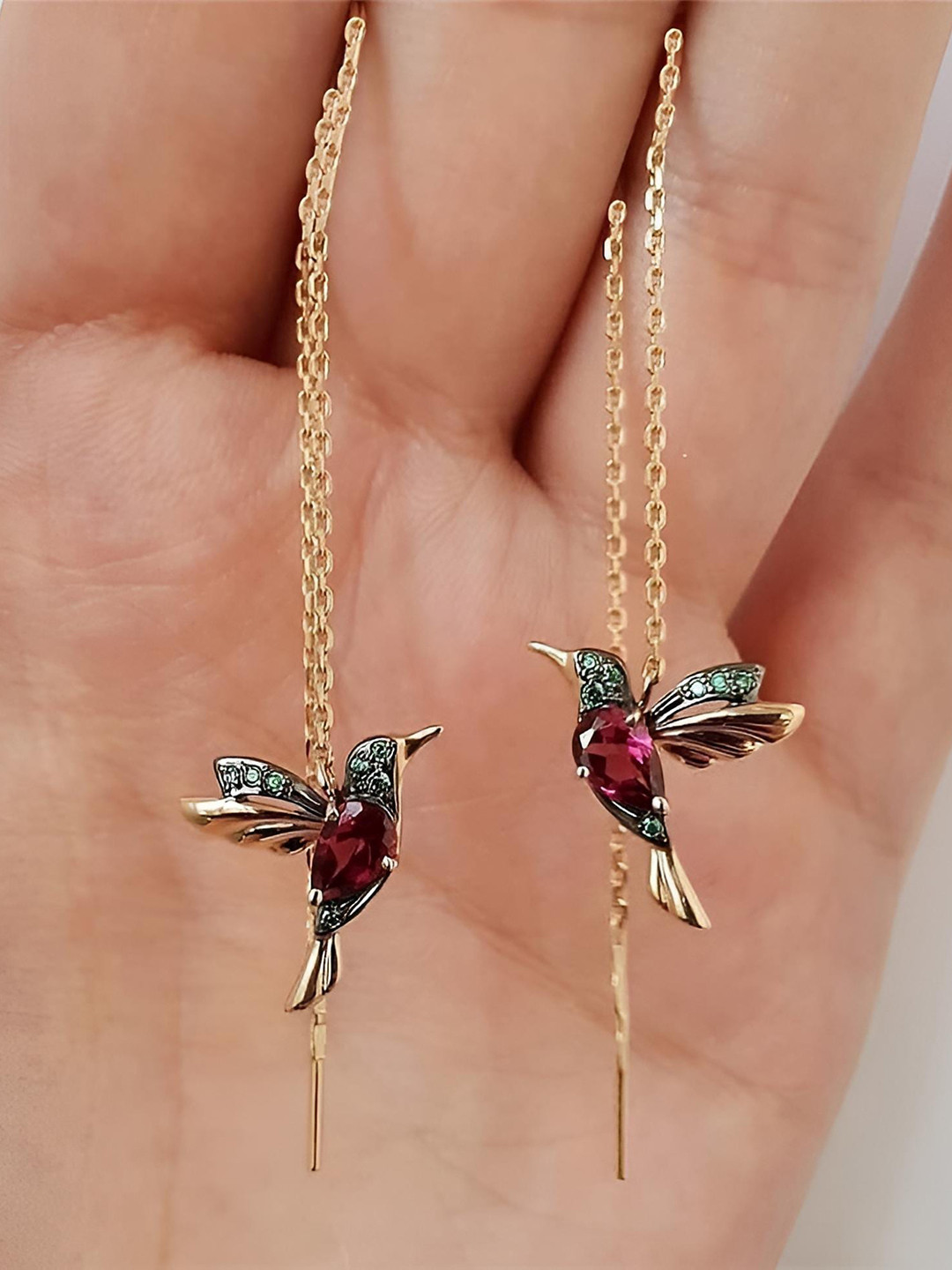 Goho Stone Studded Contemporary Threader Hummingbird Drop Earrings