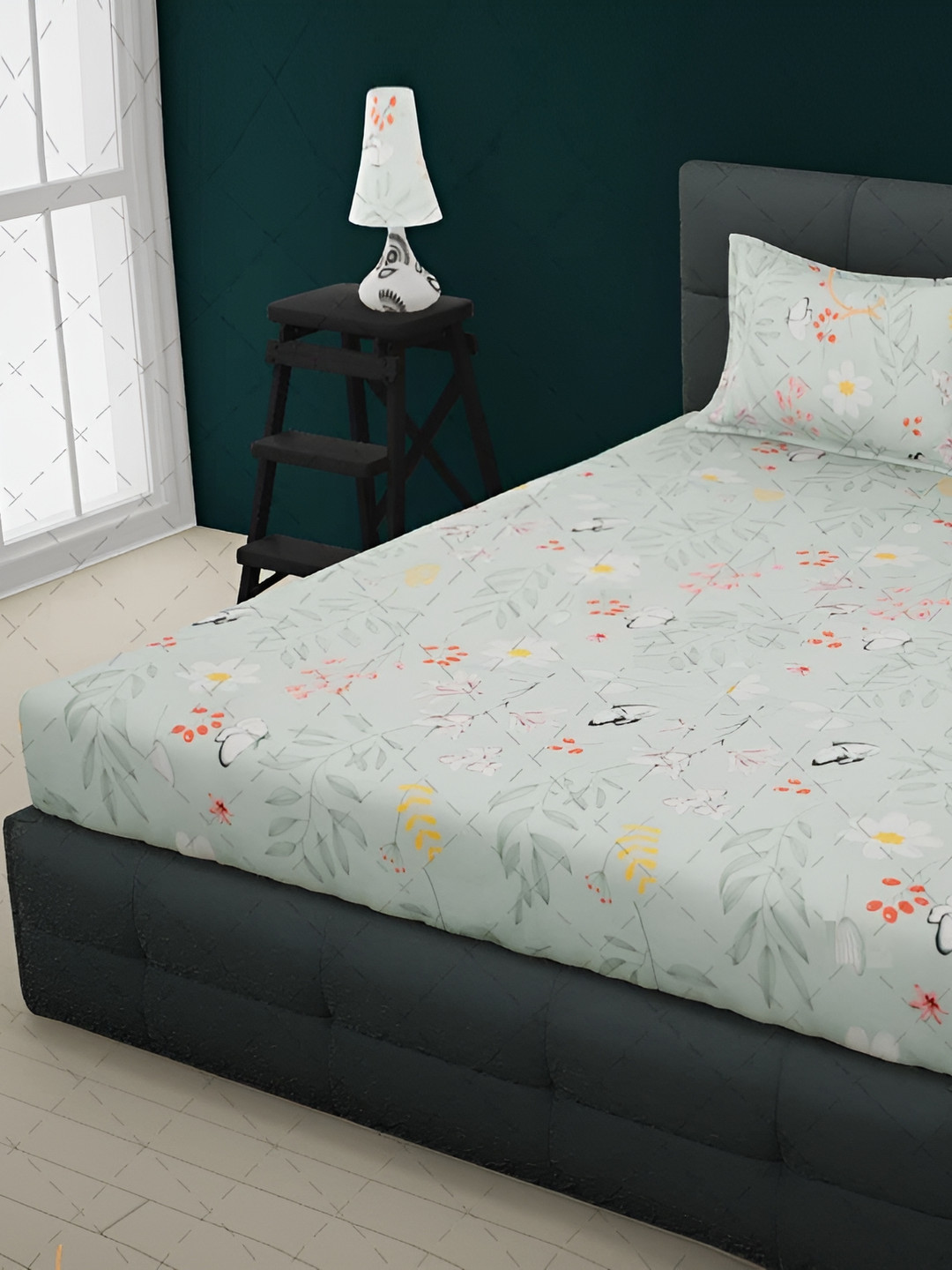 RRC Green Floral Microfiber 144 TC Fitted Queen Bedsheet with 2 Pillow Covers-60 x 78 inches