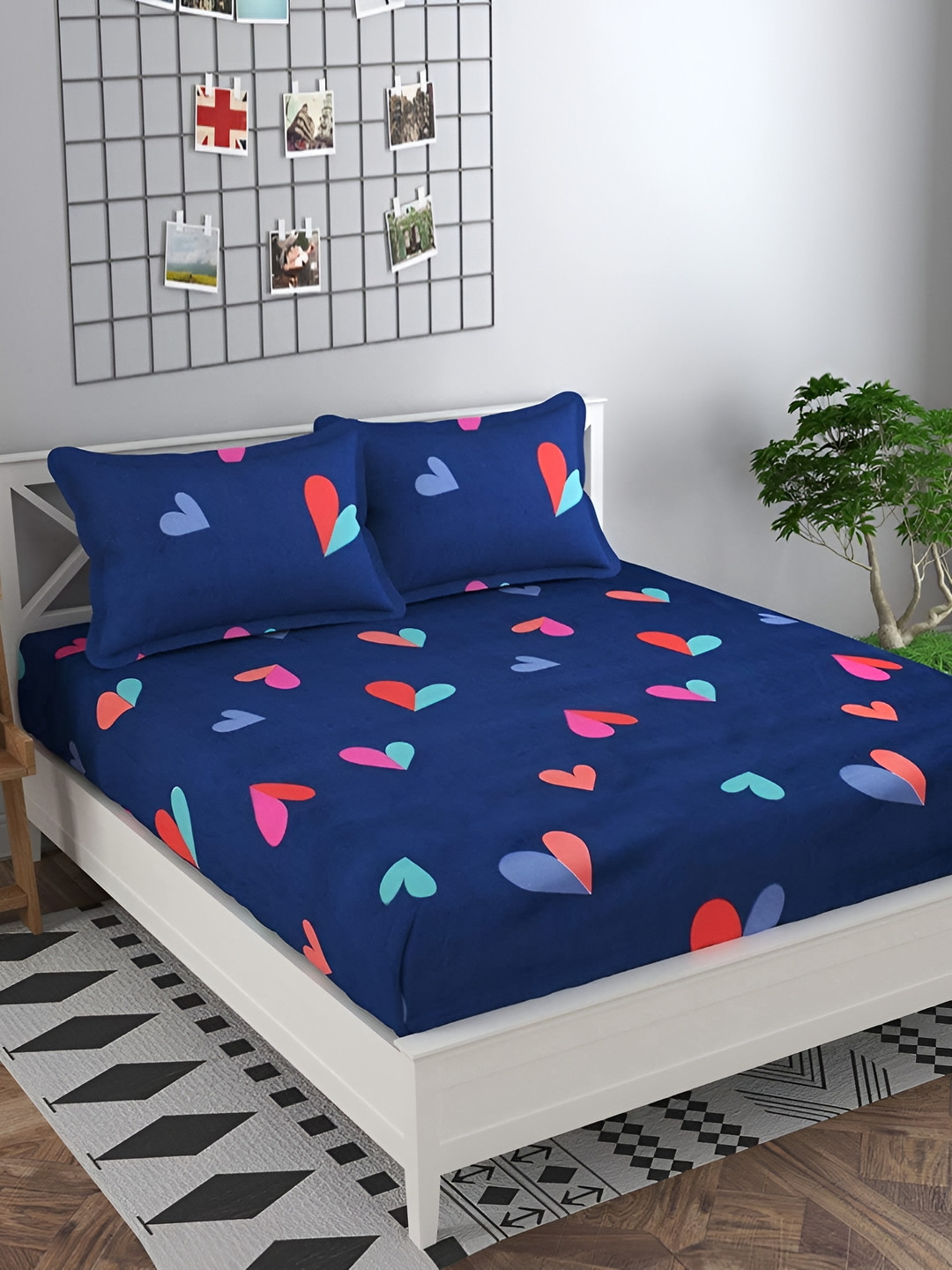 RRC Blue Graphic Microfiber 144 TC Fitted King Bedsheet with 2 Pillow Covers-72 x 78 inches
