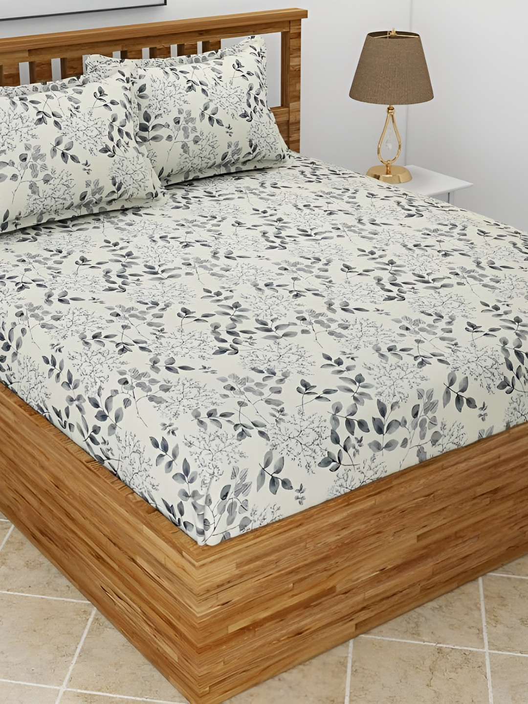 RRC Grey Leaf Microfiber Skin-Friendly 144 TC Fitted King Bedsheet with 2 Pillow Covers-182 x 198 cm