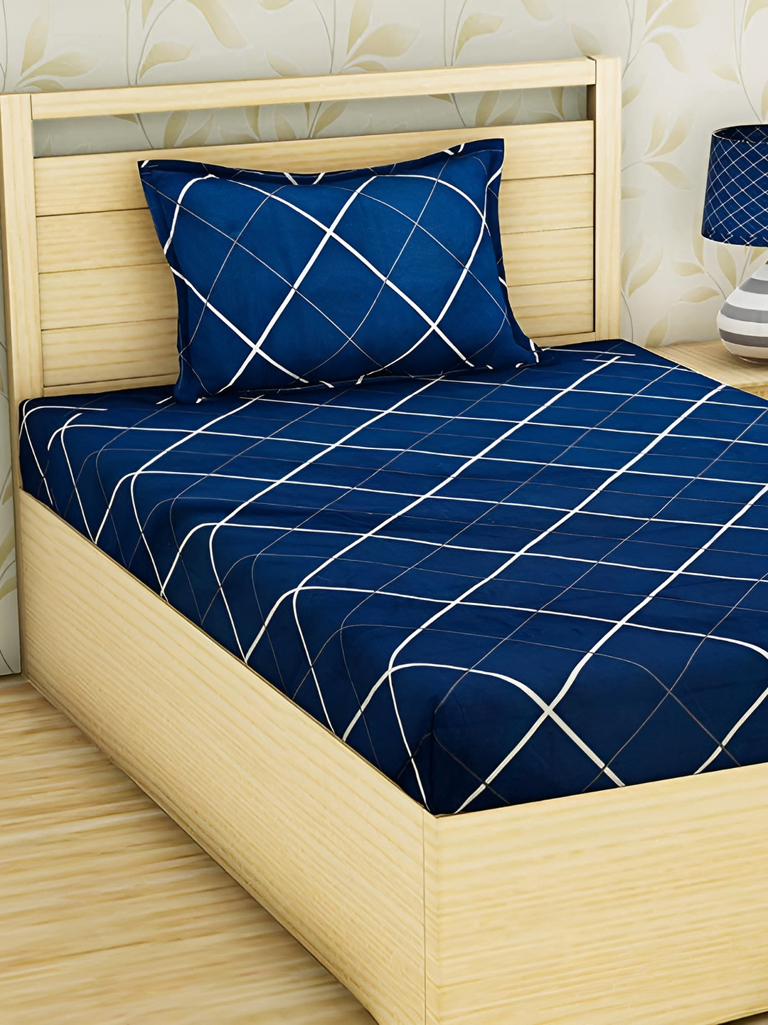 RRC Blue Geometric Microfiber 144 TC Fitted Single Bedsheet with a Pillow Cover-36 x 78 inches
