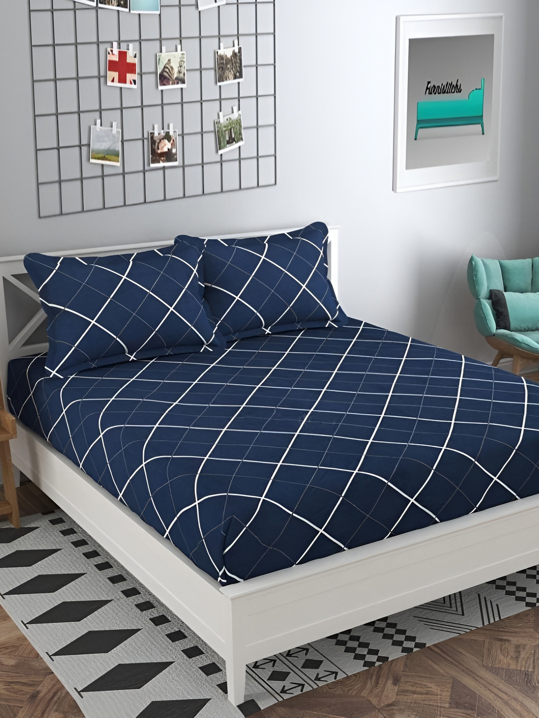 RRC Rahat Azmina Jaal Blue Geometric Microfiber 144 TC Fitted Queen Bedsheet with 2 Pillow Covers-60 x 78 inches