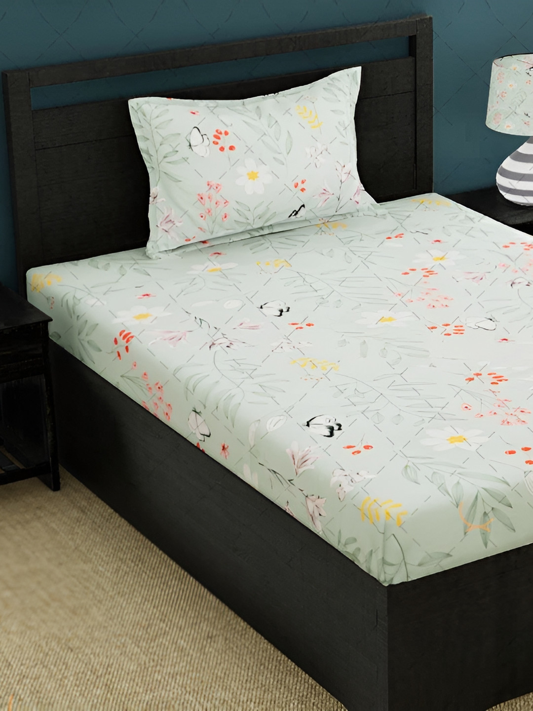 RRC Green Floral Microfiber 144 TC Fitted Single Bedsheet with a Pillow Cover-91 x 198 cm