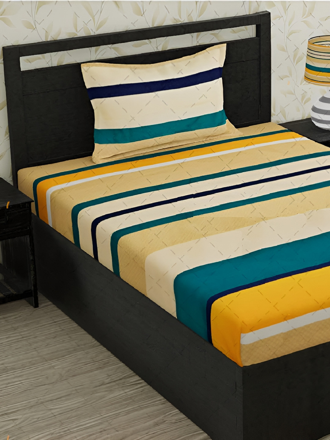 RRC Beige Striped Microfiber 144 TC Fitted Single Bedsheet with a Pillow Cover-198 x 91 cm