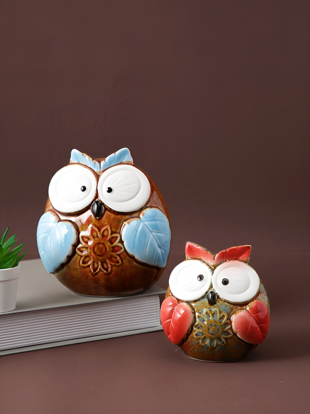 Aura Owl Brown Ceramic Natural Home Office Set of 2 Small Showpieces - 5.5 Inches