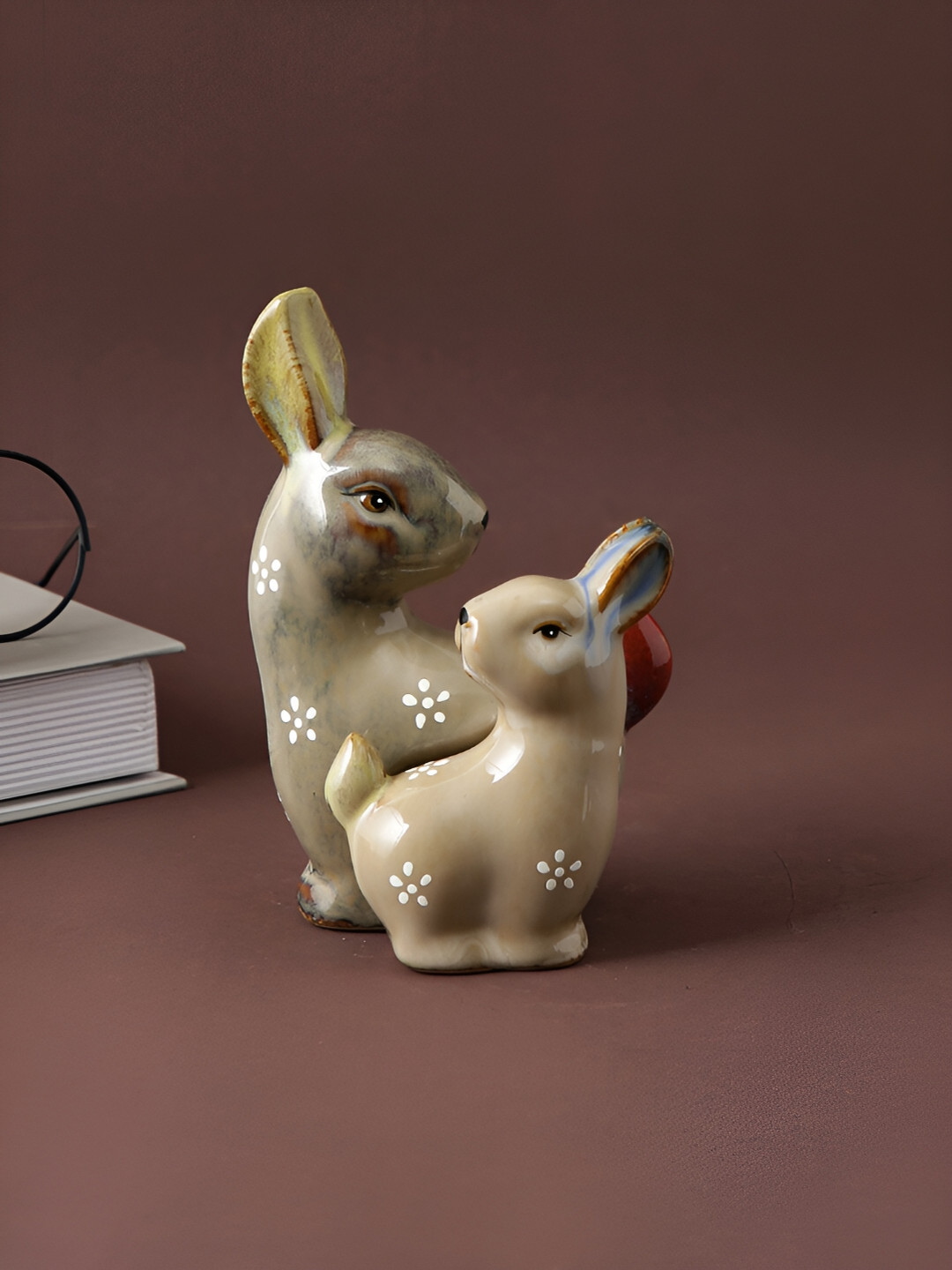 Aura Cute Rabbit Cream Ceramic Glossy Living Room Set of 2 Small Showpieces - 6.1 Inches