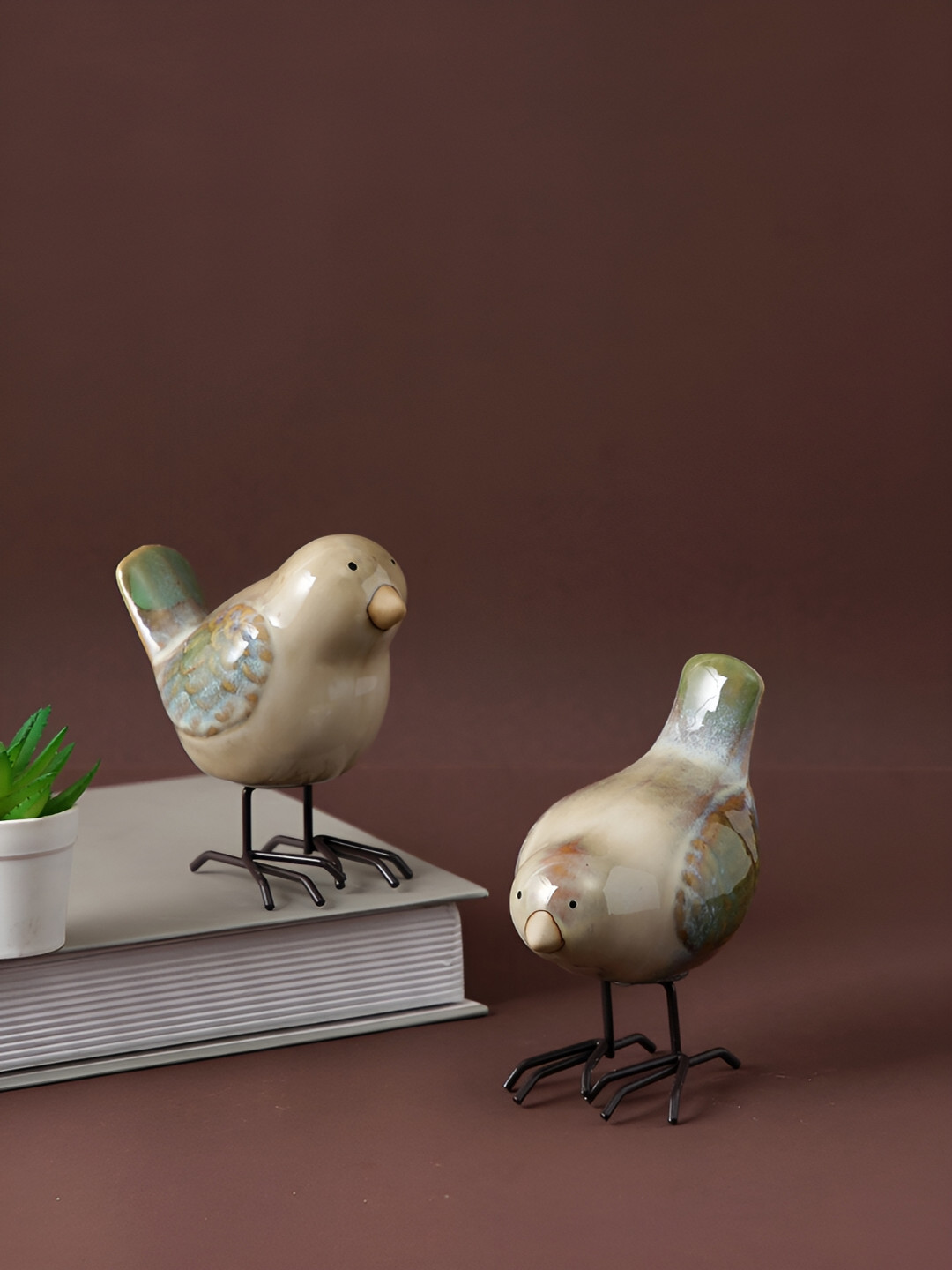 Aura Birds Green Ceramic Glossy Living Room Set of 2 Tiny Showpieces - 4.5 Inches