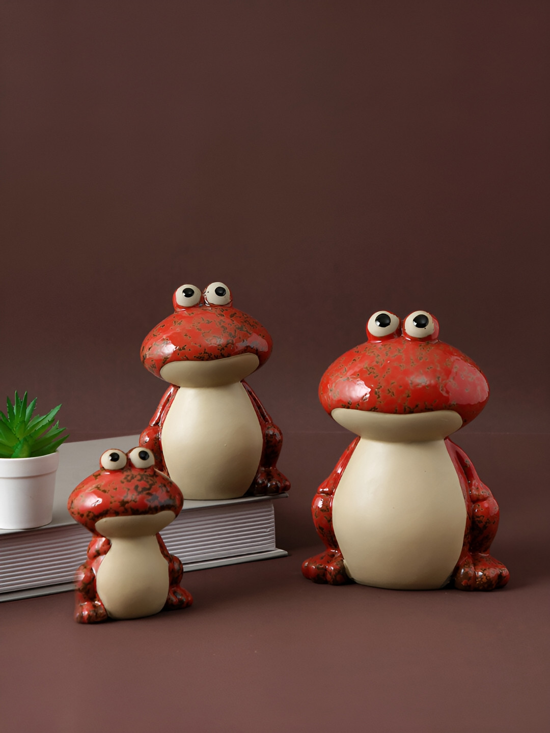 Aura Frog Red Ceramic Matte Living Room Set of 3 Medium Showpieces - 5.9 Inches