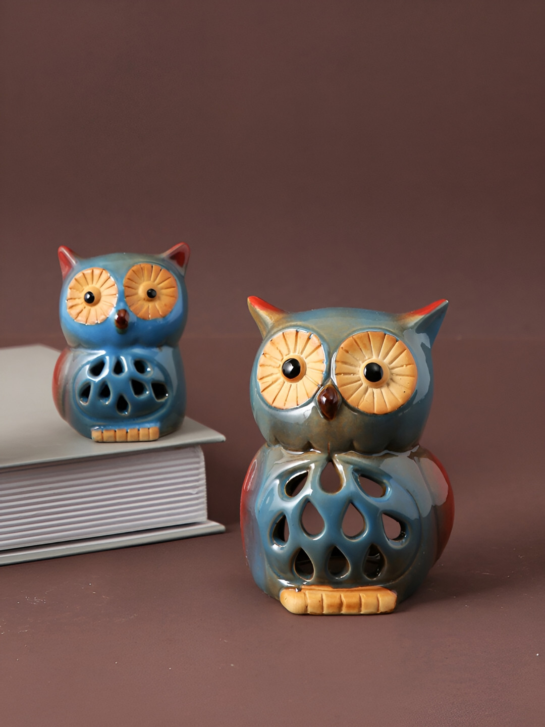 Aura Owl Blue Ceramic Natural Living Room Set of 2 Tiny Showpieces - 4.1 Inches