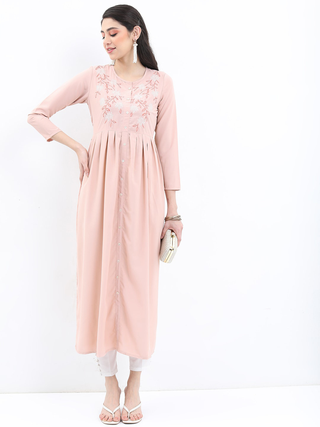 Vishudh Peach Coloured Floral Yoke Design Thread Work A-Line Kurta