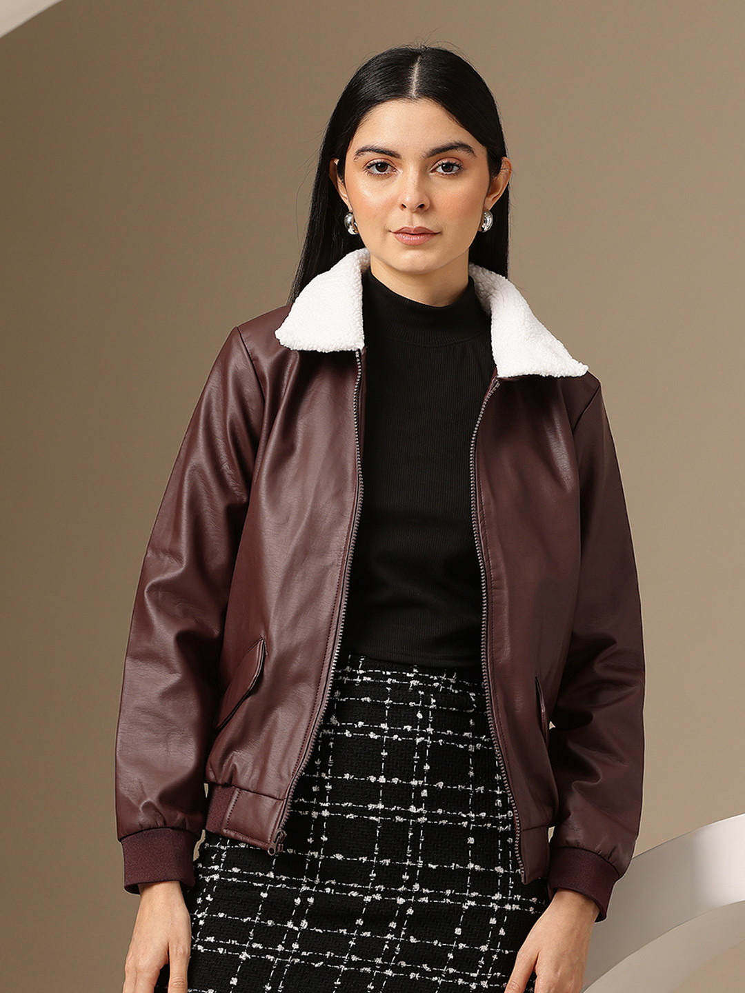 Chemistry Fleece Trim collar Solid Bomber Jacket