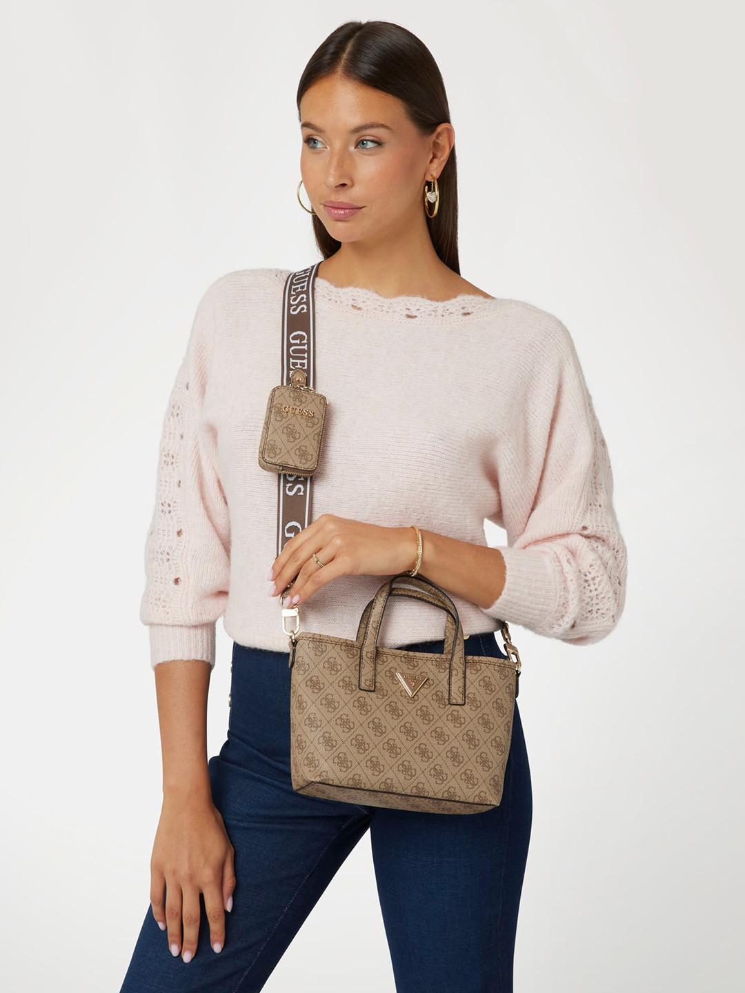 GUESS Textured Zip Detail PU Structured Handheld Bag & Pouch
