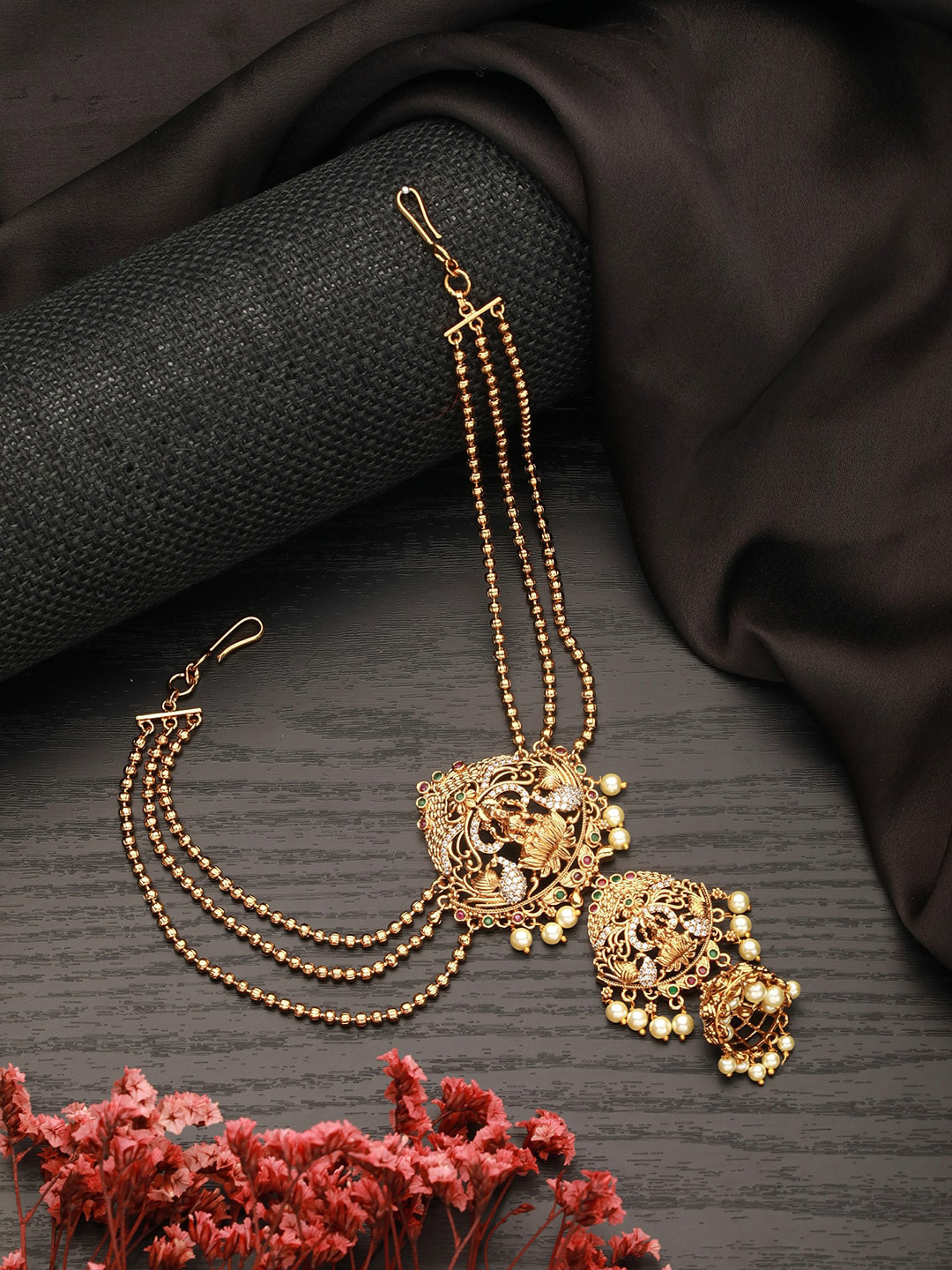 Saraf RS Jewellery Gold-Plated American Diamond Studded Head Chains Head Jewellery