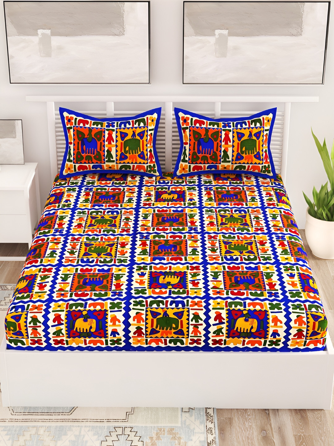 Aura Blue Graphic Cotton 120 TC Queen Bedsheet with 2 Pillow Covers-17 x 26 inches