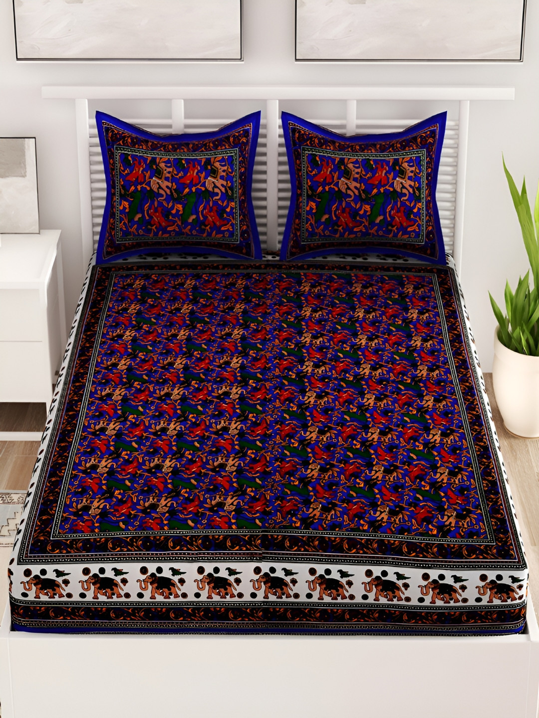 Aura Jangalhathi Blue Ethnic Motifs Cotton Skin-Friendly 120 TC Queen Bedsheet with 2 Pillow Covers-235 x 215 cm