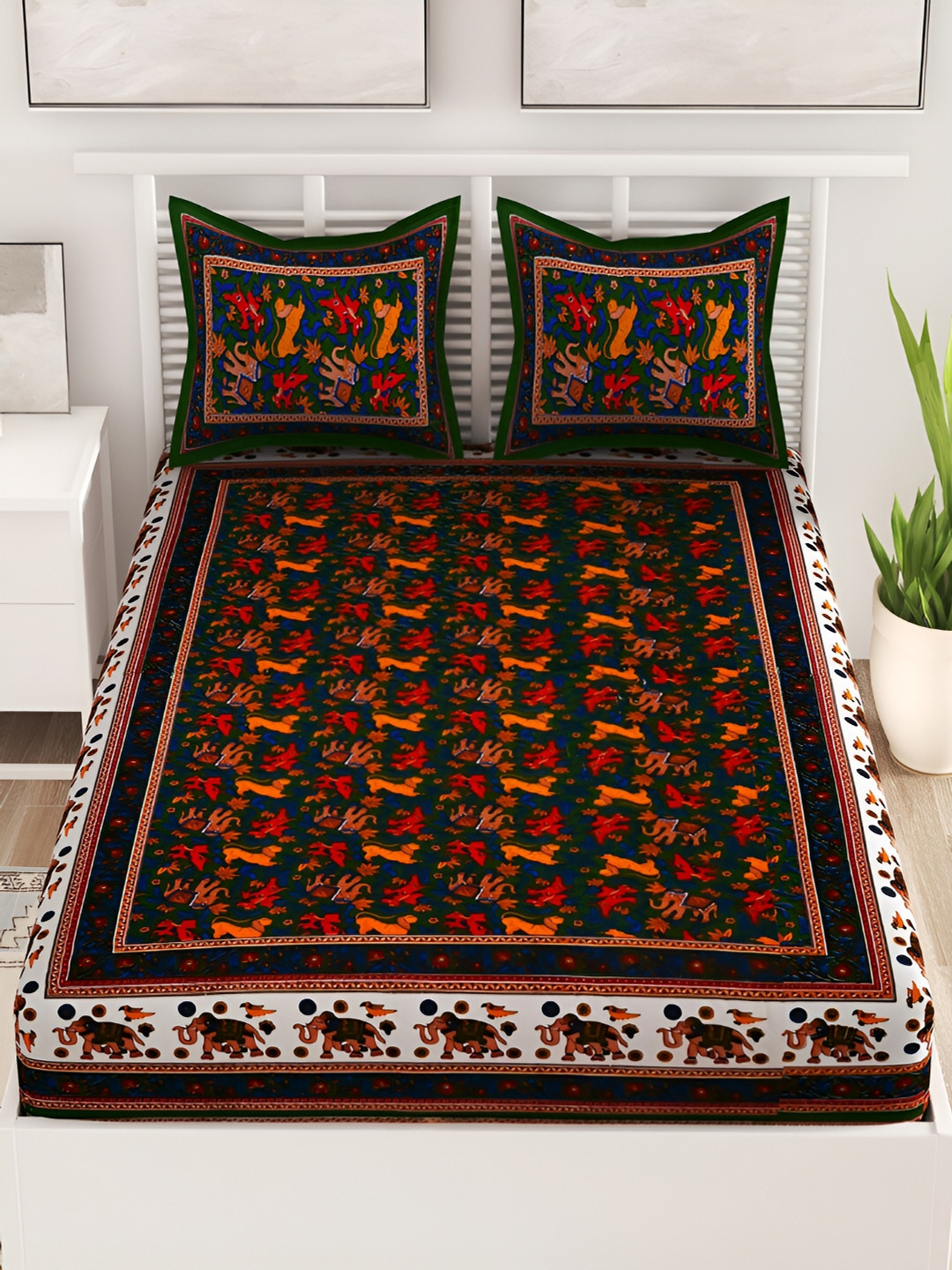 Aura Jangalhathi Green Ethnic Motifs Pure Cotton 120 TC Queen Bedsheet with 2 Pillow Covers-235 x 215 cm